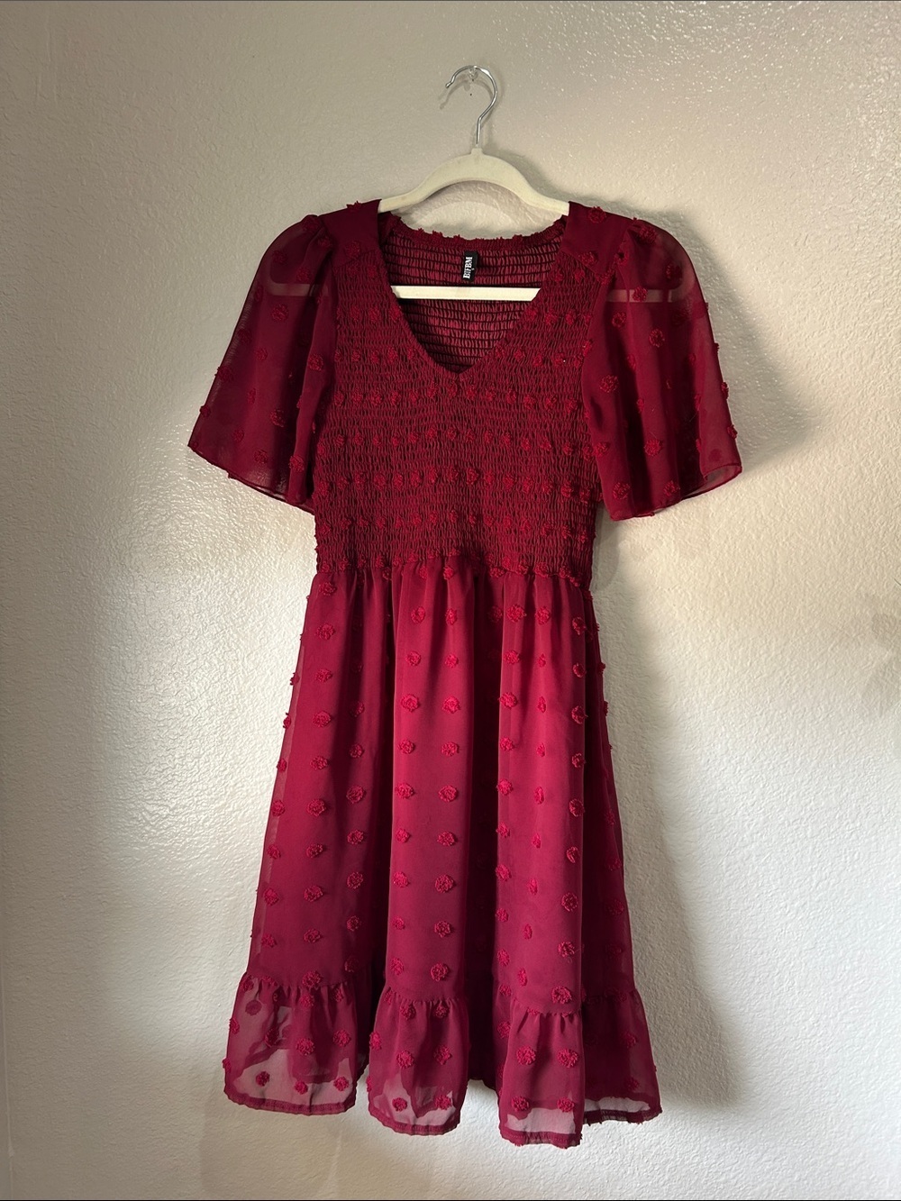 BTFBM V Neck Smocked Dress Swiss Dot Ruffle Hem Sz S Wine Red Summer TC0353
